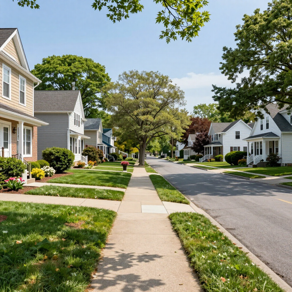 Freeport residential neighborhood with single-family homes, sidewalks, and mature trees