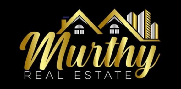 Murthy Real Estate logo with gold script text and house roof icon on black background
