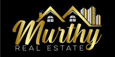 Murthy Real Estate logo with gold script text and house roof icon on black background