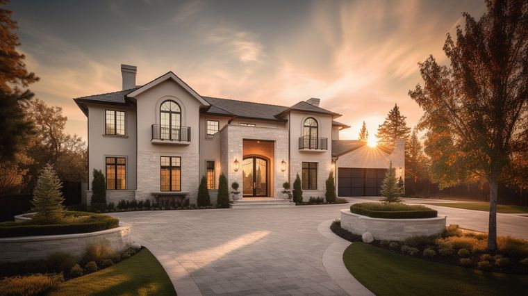 Luxury stone house with lit windows at sunset, framed by landscaped gardens and a curved driveway