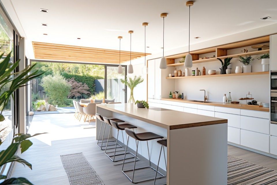 Bright modern kitchen with white island, bar stools, and open patio view through sliding glass doors