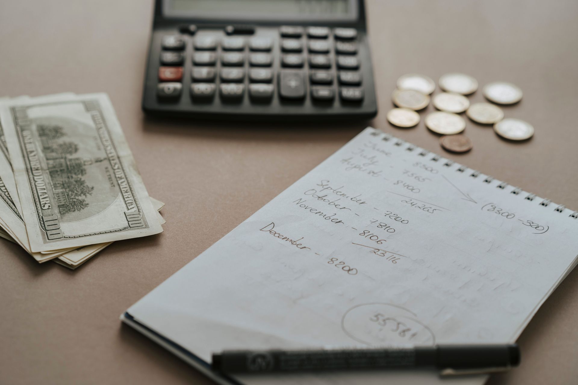 calculator, cash, coins, and financial notes for budgeting