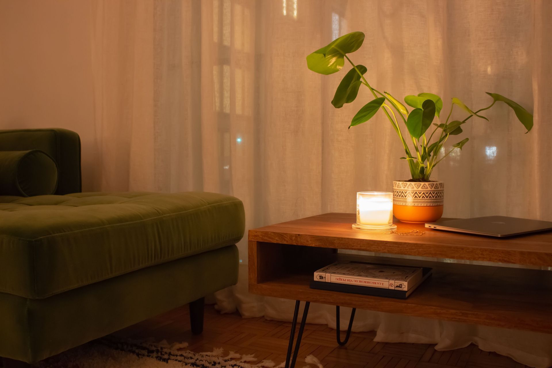 living room with a candle, green sofa, and potted plant