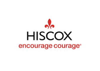 Hiscox logo in black and red with the tagline “encourage courage” under a red fleur-de-lis icon