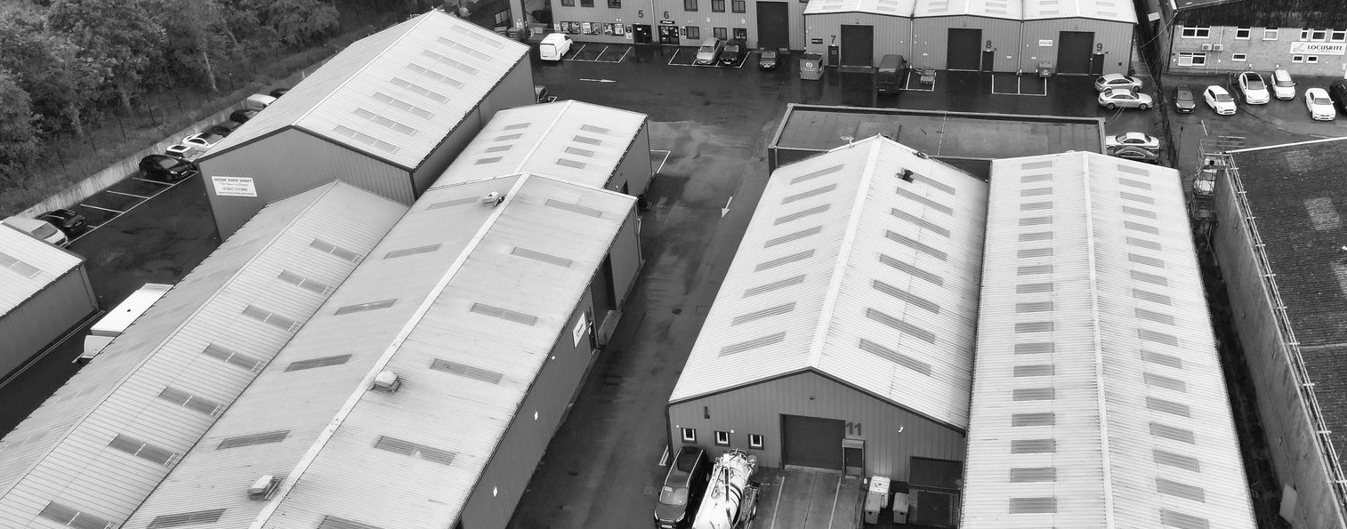 Birds eye view of warehouse buildings