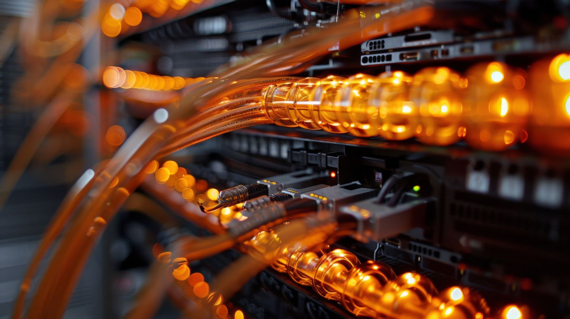 Close-up of glowing orange network cables plugged into a server rack in a data center