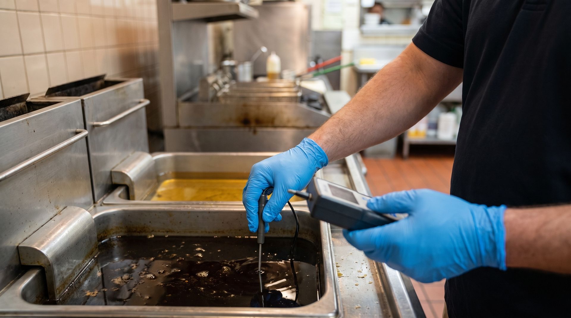 checking dirty fryer oil for contaminates