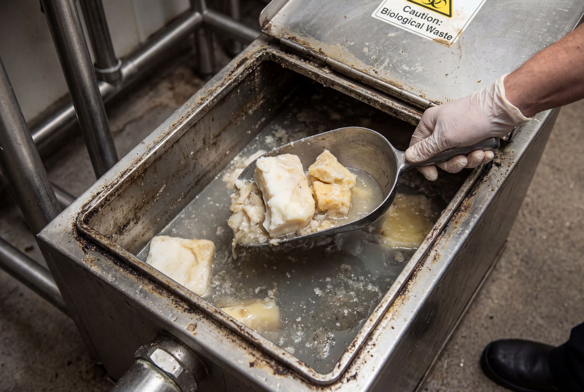 A gloved hand uses a metal scoop to remove congealed grease and food waste from a restaurant grease trap.