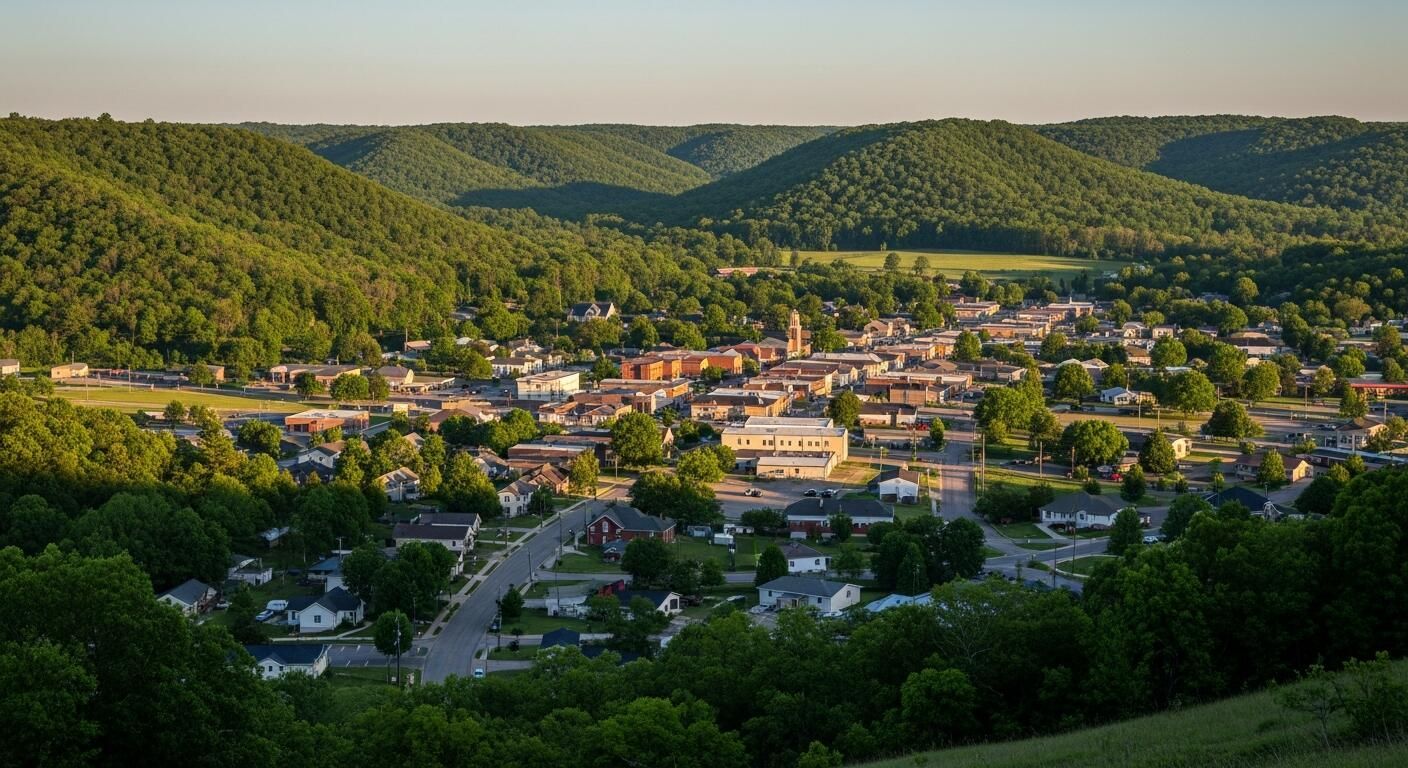 Small town nestled in green hills under warm sunlight