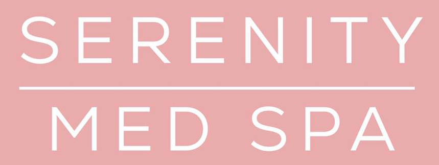 Serenity Med Spa logo on a pink background with white text and line divider