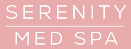 Serenity Med Spa logo on a pink background with white text and line divider