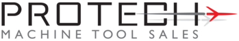 A logo for protech machine tool sales with an arrow pointing to the right