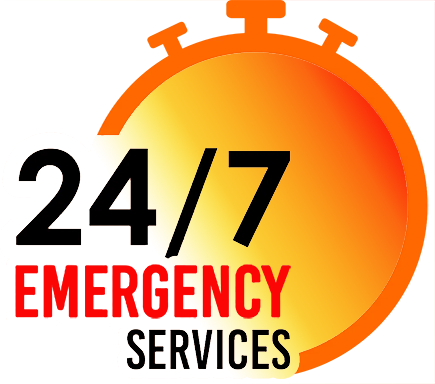 A logo for 24/7 emergency services with a stopwatch
