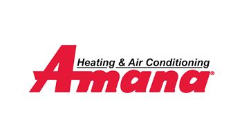 A red and white logo for a company called amana heating and air conditioning.