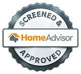 HomeAdvisor screened and approved badge with gray ring and orange-blue logo