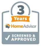 3 Years HomeAdvisor screened and approved badge with gray, orange, and white colors.