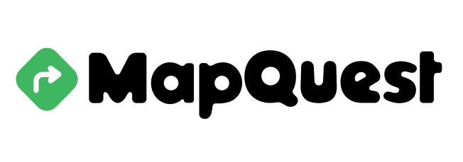 MapQuest logo with a green arrow icon and black text