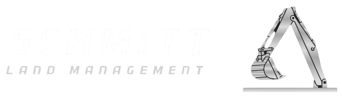 Land management logo with an excavator illustration on a white background