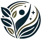 Stylized teal and gold circular logo with a person, leaves, and sparkles