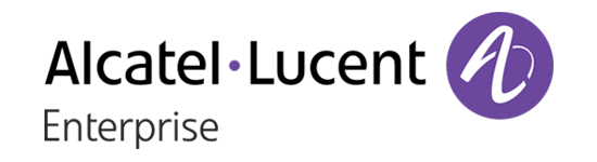 Un logotipo para Alcatel Lucent Enterprise con un círculo morado.