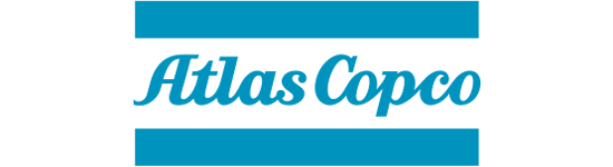 Un logotipo azul y blanco de Atlas Copco sobre un fondo blanco.