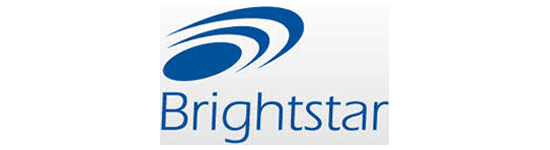 Un logotipo azul y blanco para brightstar sobre un fondo blanco.