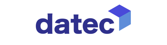 Un logotipo azul y blanco para datec sobre un fondo blanco
