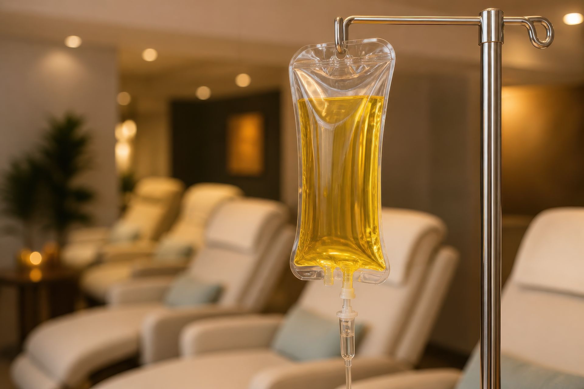Yellow vitamin drip bag on a medical stand inside a luxury spa lounge for IV hydration therapy.