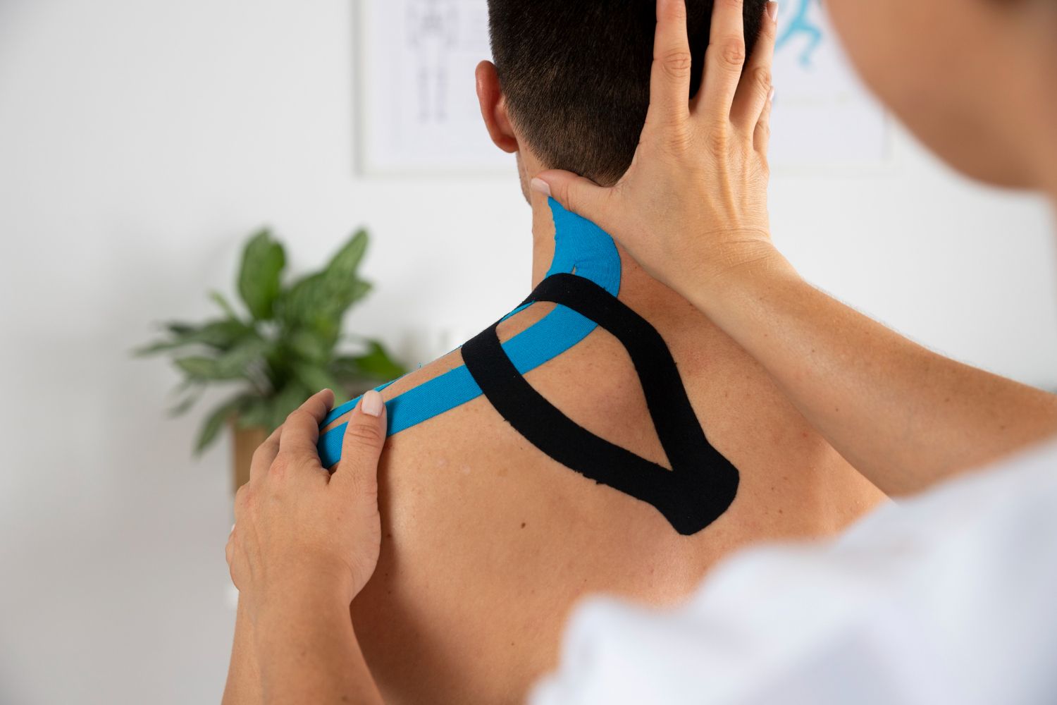 Physical therapist applying blue kinesiology tape to a patient’s shoulder and neck