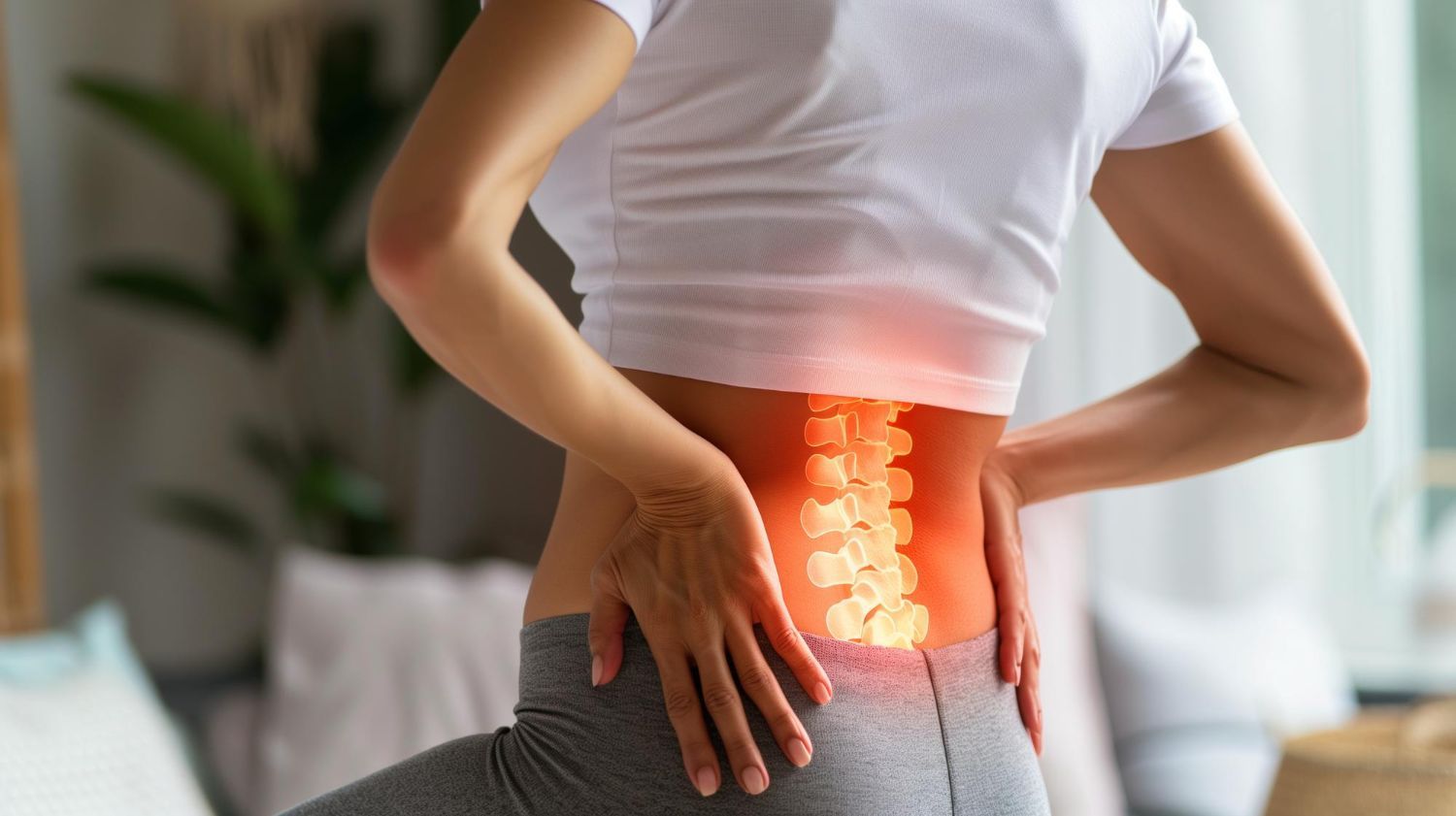 Person holding their lower back, with glowing spine overlay indicating back pain or injury.