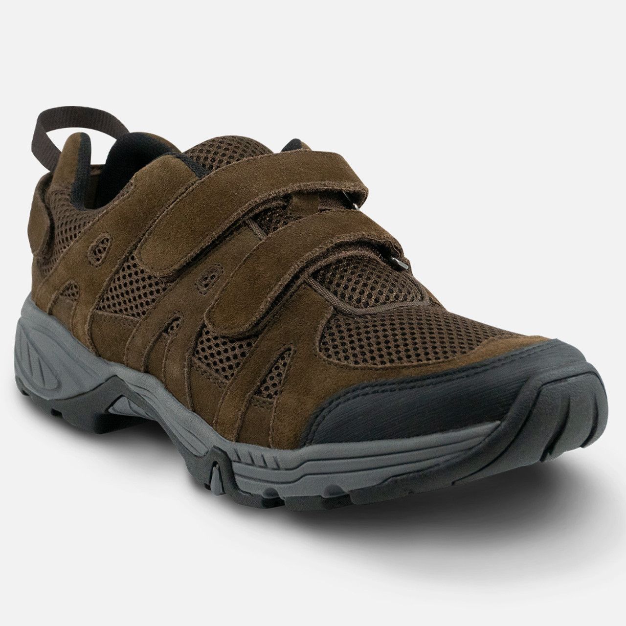 Brown and gray trail hiking shoe with mesh panels and black sole, shown on a white background