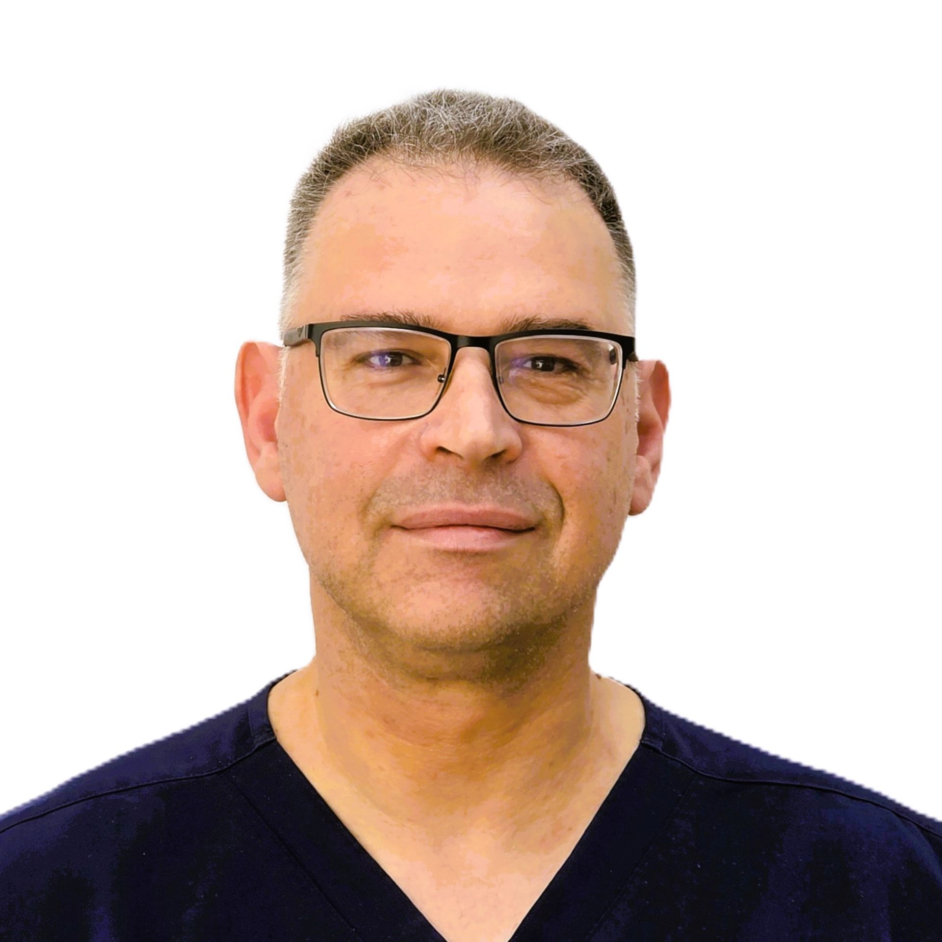 Portrait of a man wearing glasses and a dark V-neck shirt against a white background