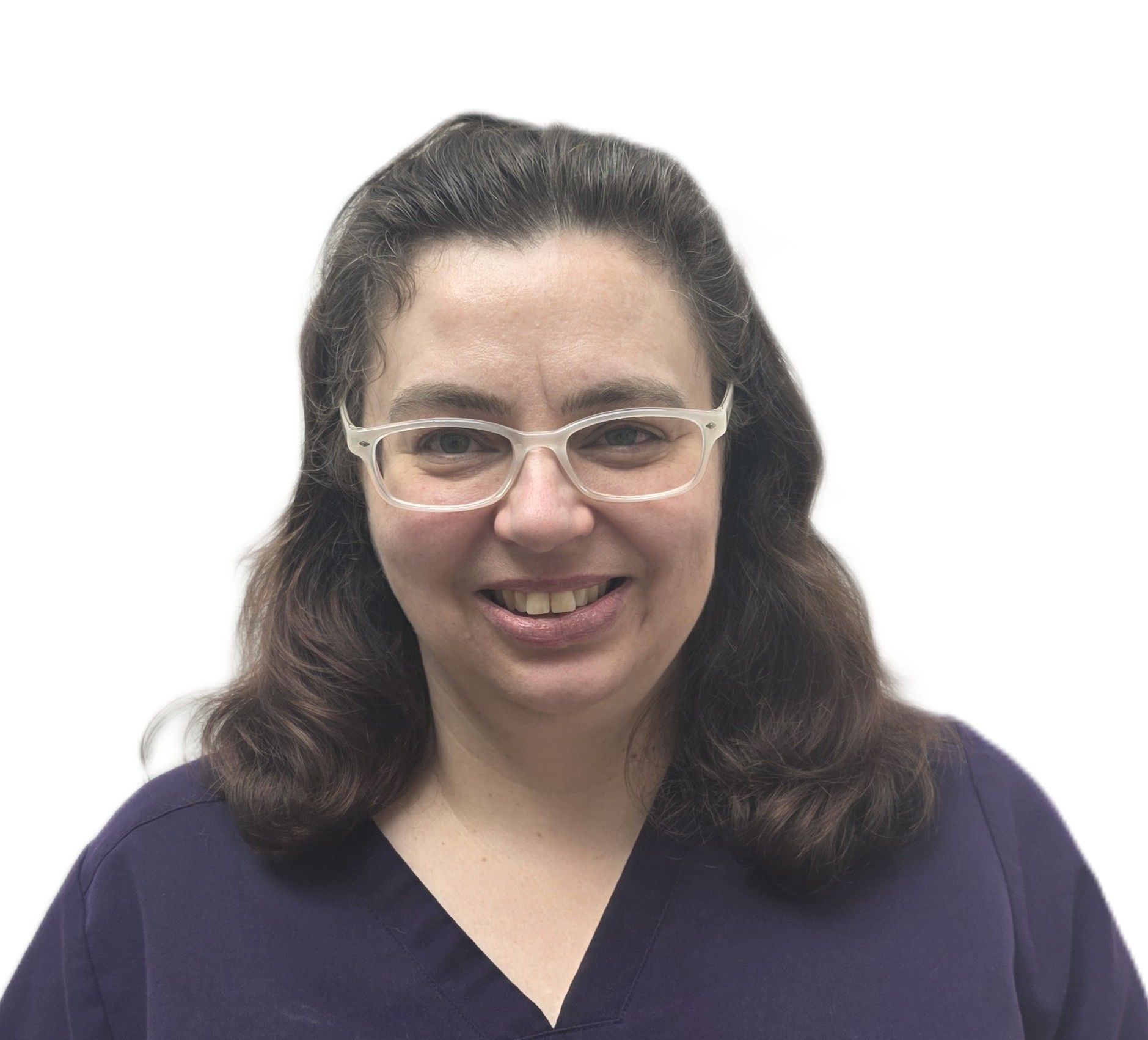 Portrait of a smiling person with dark hair, white glasses, and a purple top against a white background