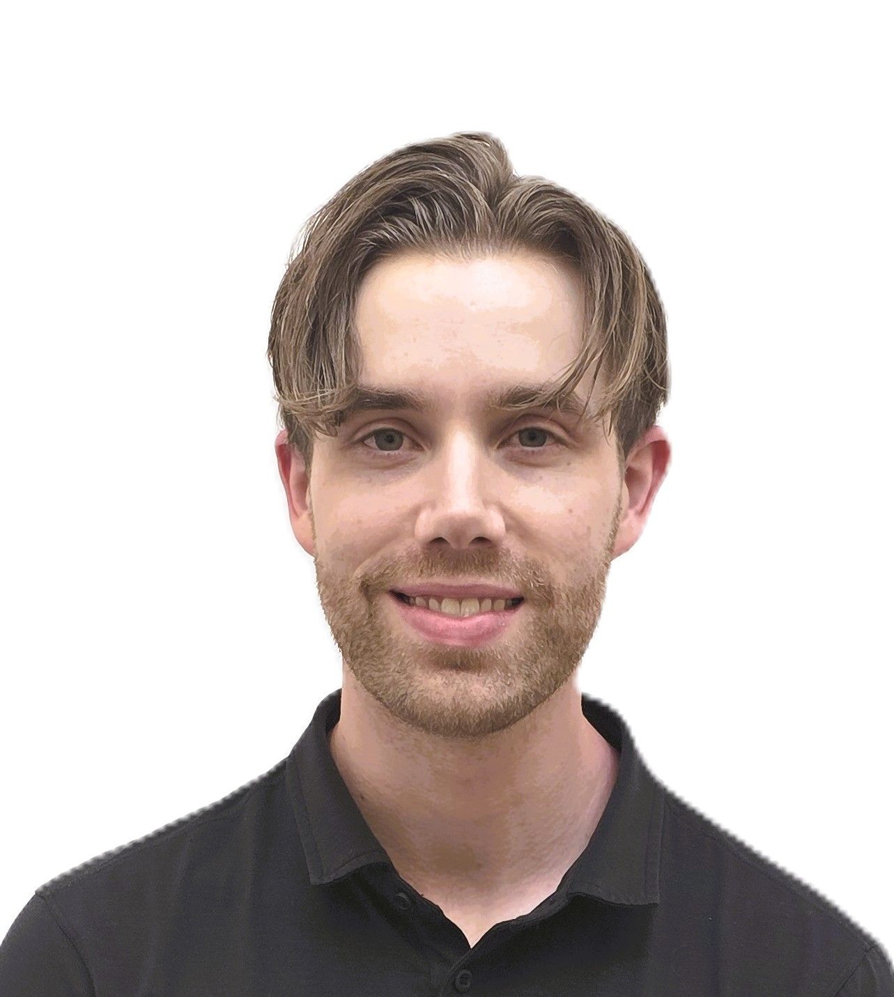 Headshot of a smiling person in a black collared shirt against a white background