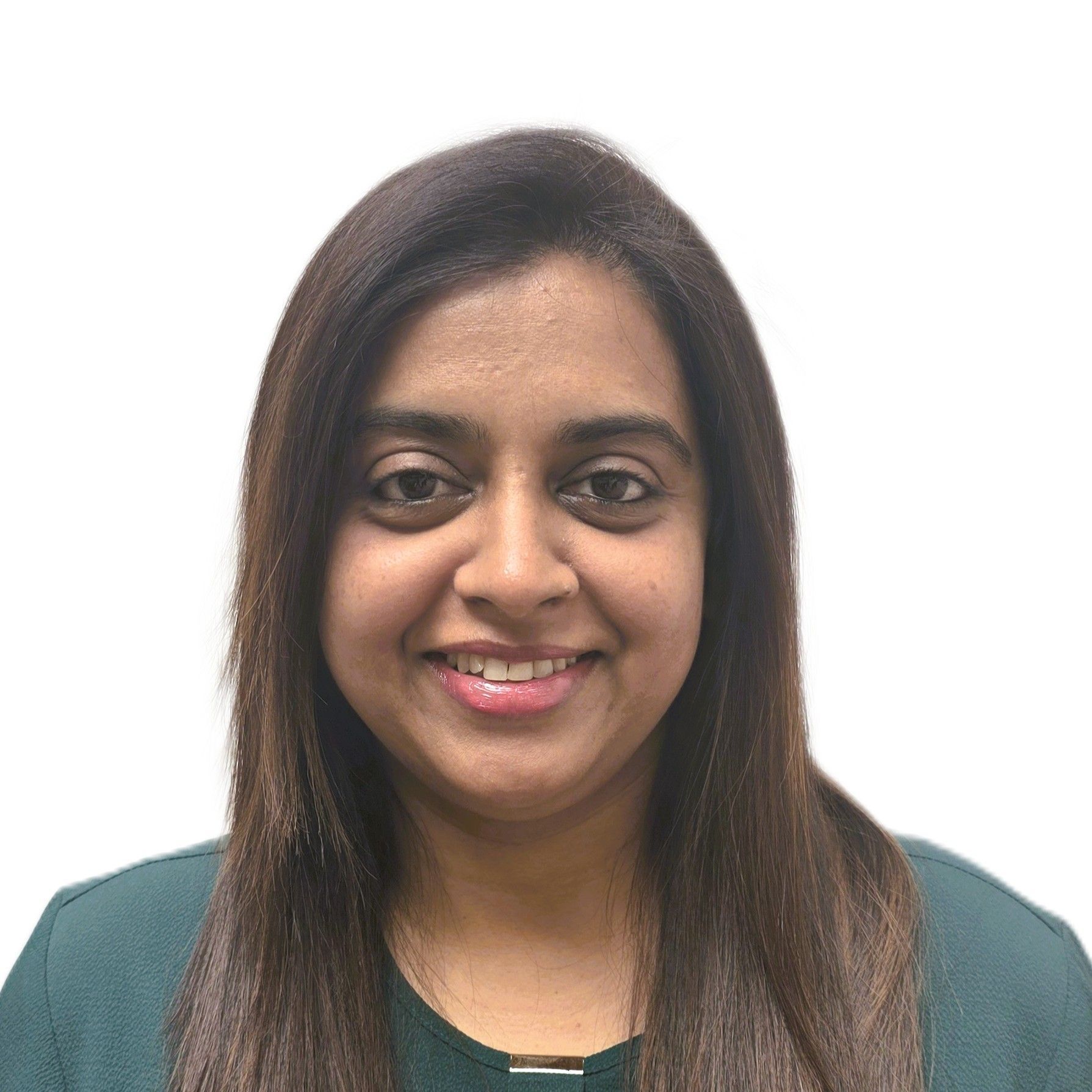Smiling woman with long dark hair wearing a green top against a white background
