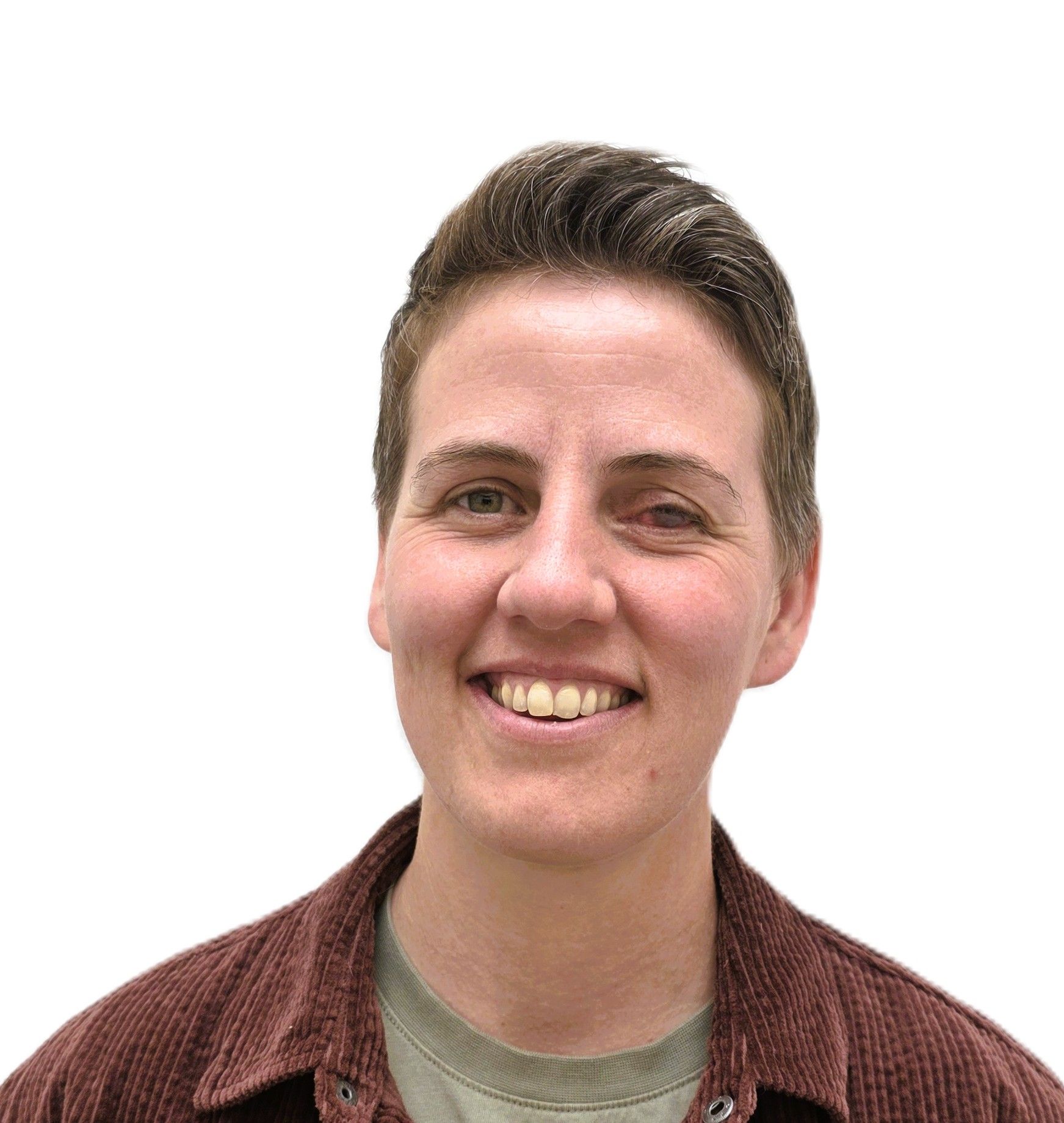 Smiling person in a maroon shirt against a white background