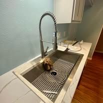 Small dog in a kitchen sink under a tall spring faucet, standing on a striped drying mat.