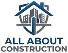 Logo for All About Construction with blue and gray house and building icon above the company name