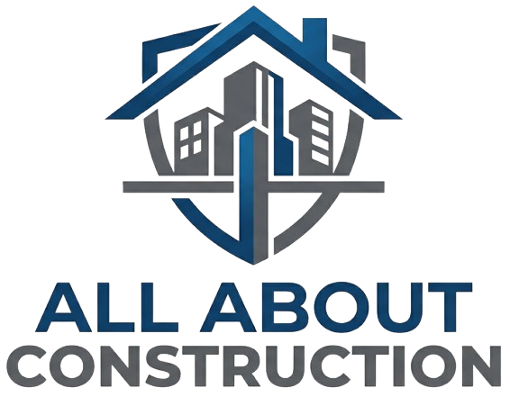 Logo for All About Construction with blue and gray house and building icon above the company name