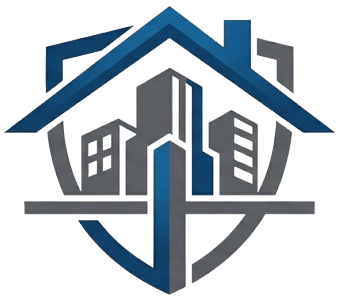 Blue and gray real estate shield logo with house roofs and city buildings