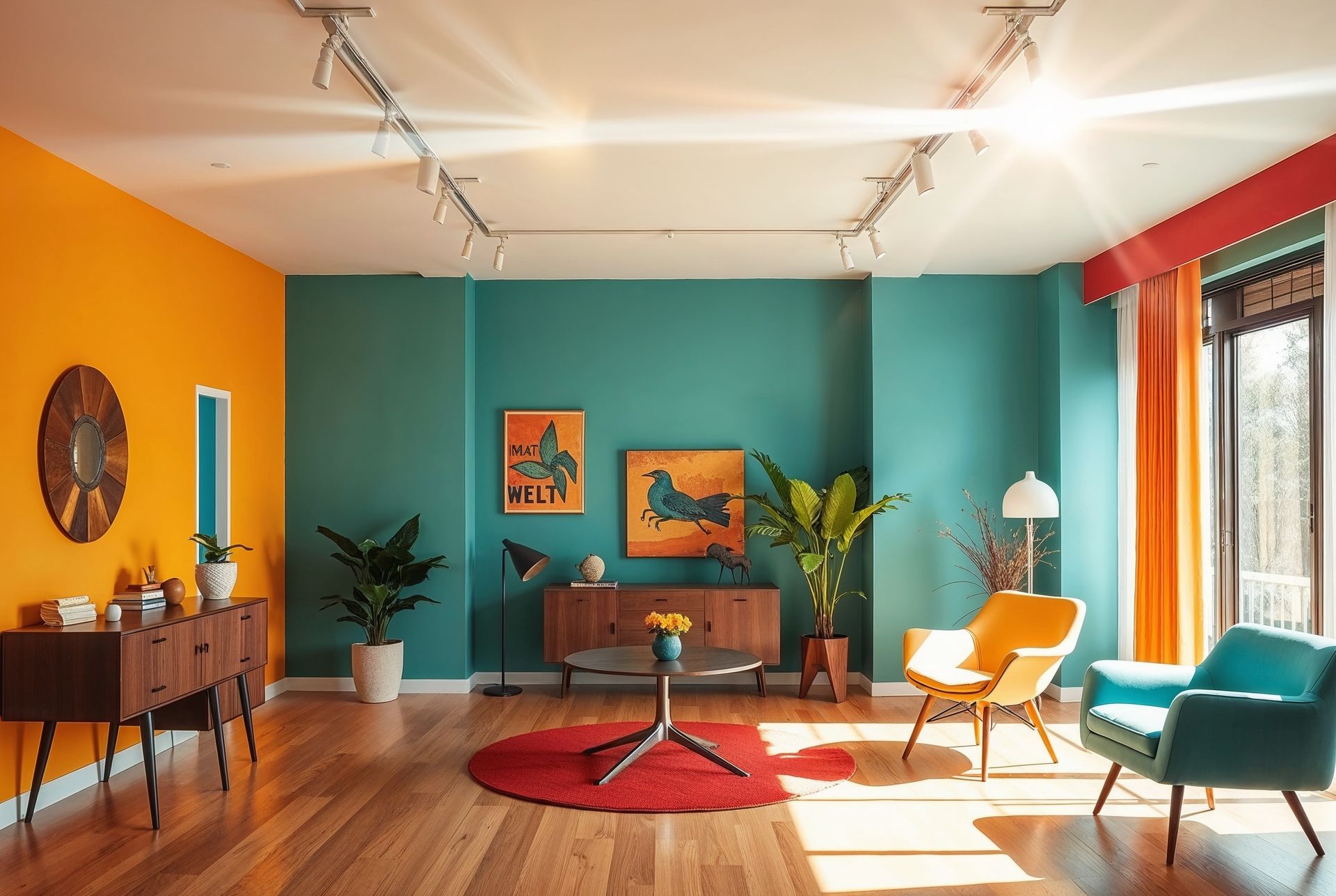Colorful living room with teal walls, orange decor, a sofa, chairs, and sunlight through a large window.
