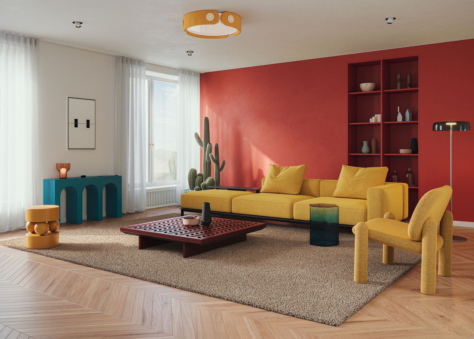 Modern living room with red accent wall, mustard sofa, teal cabinet, and coffee table on a shag rug