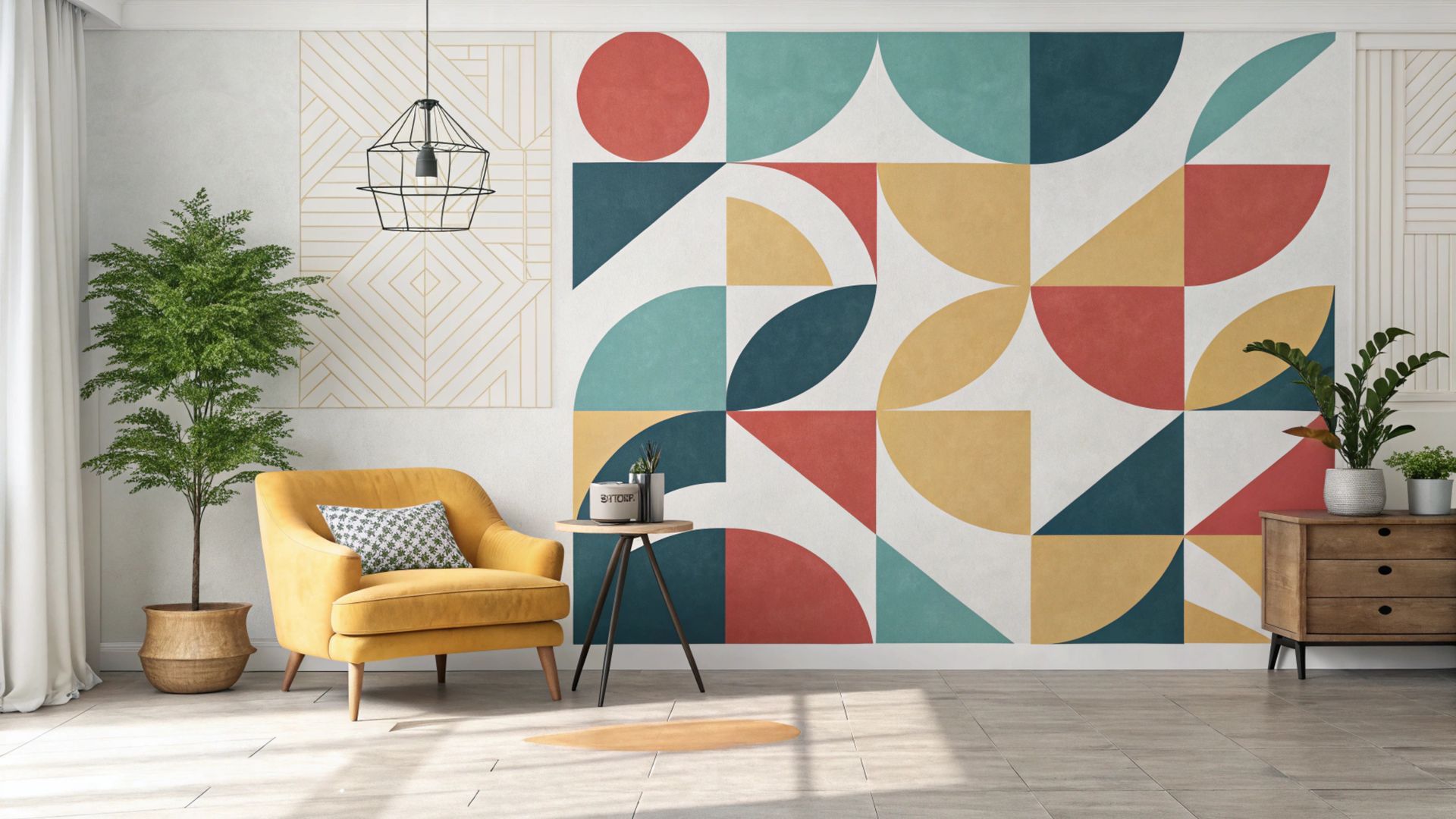 Bright living room with geometric mural, yellow chair, plants, and side table.