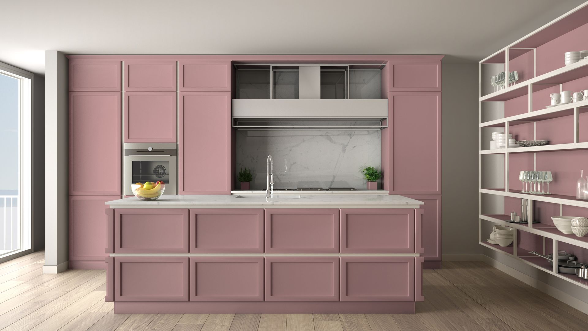 Pink kitchen with paneled cabinets, white countertops, and open shelving in a bright modern room
