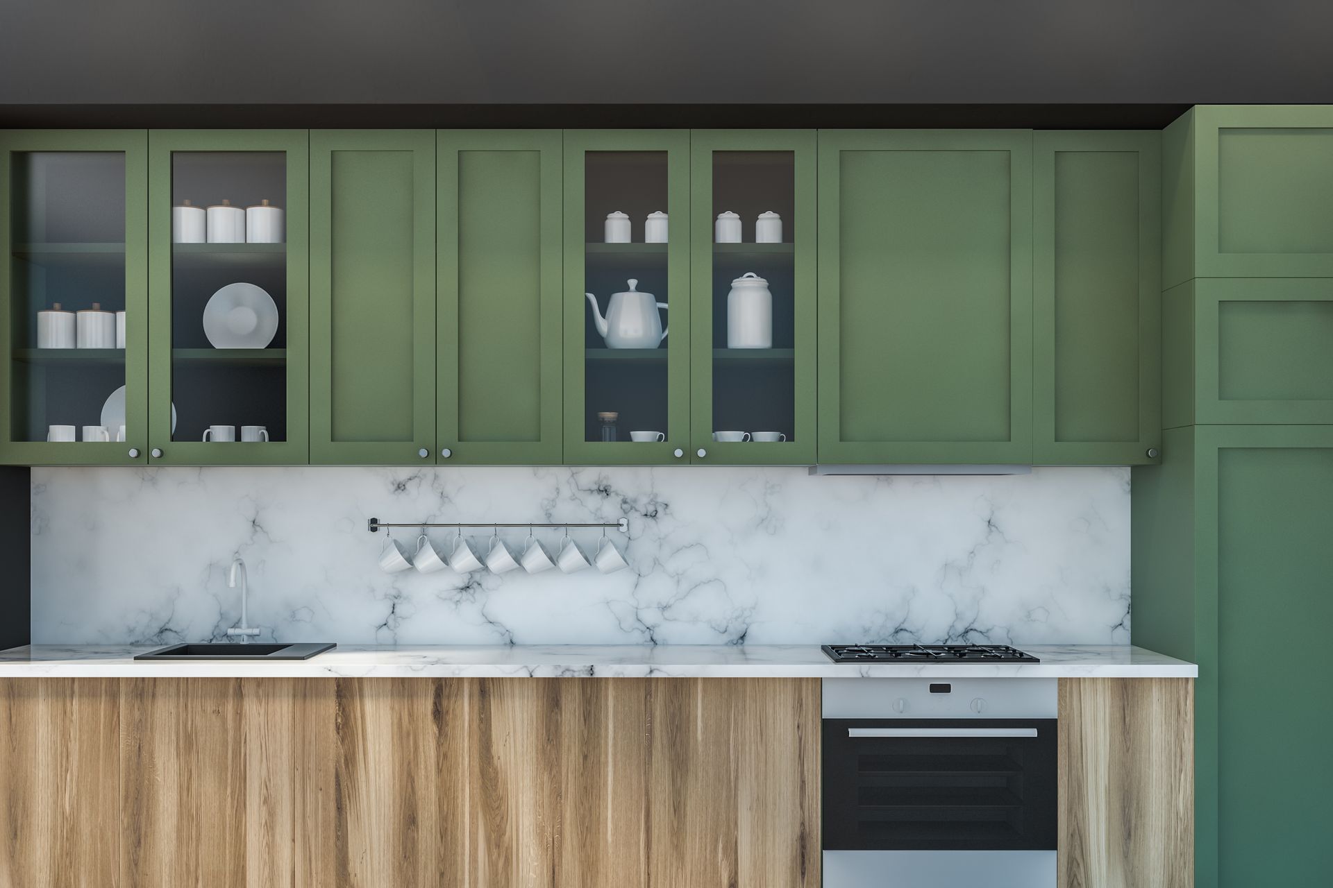 Green kitchen cabinets with marble backsplash, wood lower cabinets, and built-in oven