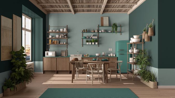 Cozy dining room with teal walls, wooden table, shelves, potted plants, and warm sunlight.