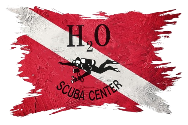 H2O Scuba Center logo with diver silhouette on a red-and-white brushstroke background