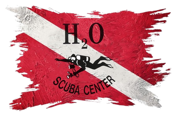 Red and white scuba center logo with H2O text and diver silhouette