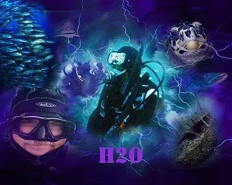 Scuba diving collage with blue-purple lightning and the text “H2O” centered below