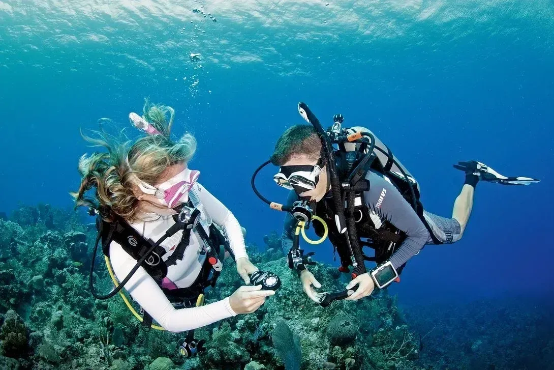 Two scuba divers underwater above a coral reef, wearing masks and fins in clear blue water